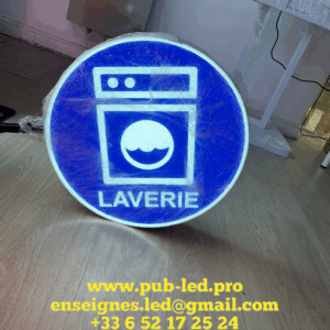 Enseignes Lumineuse Laverie LED double faces avec potence de fixation et Transfo Etanche, pret a installer 50cm de Dia