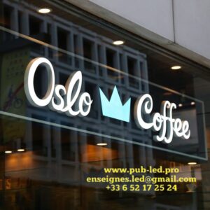 ENSEIGNE LUMINEUSE LED LETTRES BOITIERS 3D “OSLO COFFE" EXTERNE 40cm DE HAUTEUR