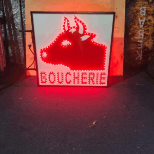 ENSEIGNE LUMINEUSE LED DOUBLE FACES “BOUCHERIE” EXTERNE PRÊT À INSTALLER AVEC ANIMATION ET TÉLÉCOMMANDE 70x70cm