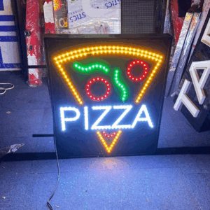 ENSEIGNE LUMINEUSE LED DOUBLE FACES “PIZZA” EXTERNE PRÊT À INSTALLER AVEC ANIMATION ET TÉLÉCOMMANDE 70x70 cm